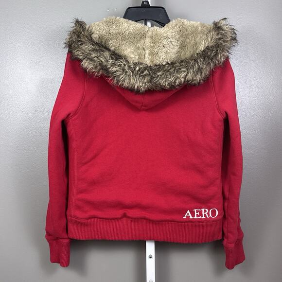 Vintage Y2K Aeropostale Faux Fur Zip Hoodie Juniors Size XL Red Jacket A87 Lined - Picture 6 of 14